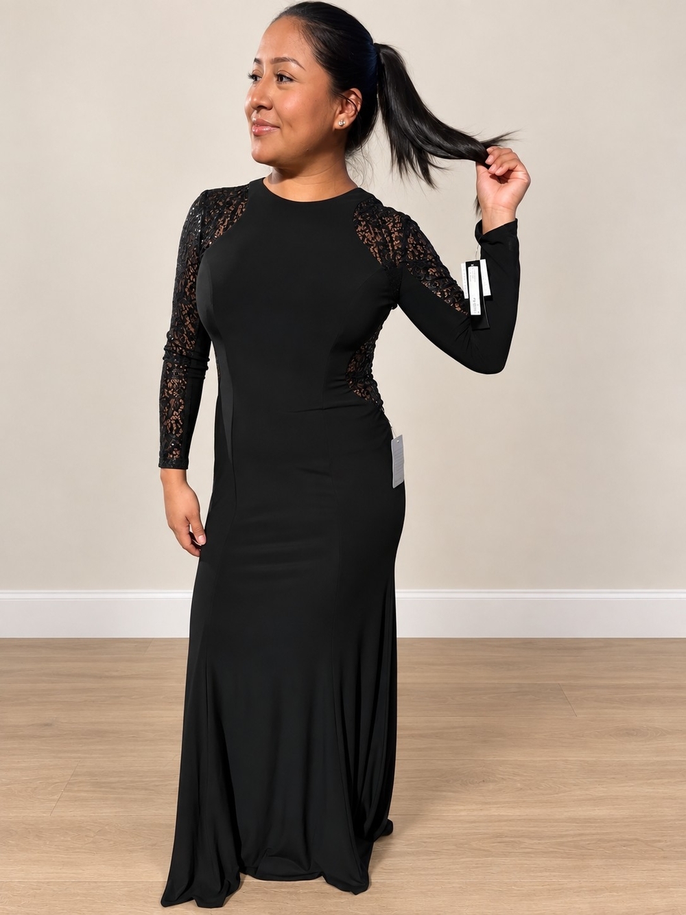 XSCAPE Mermaid Black Lace Sequin Formal Maxi Dress Size 6 NWT